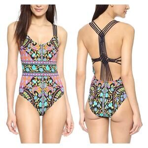 NEW Nanette Lapore King Road Goddess Macrame One Piece Swimsuit Small Multi